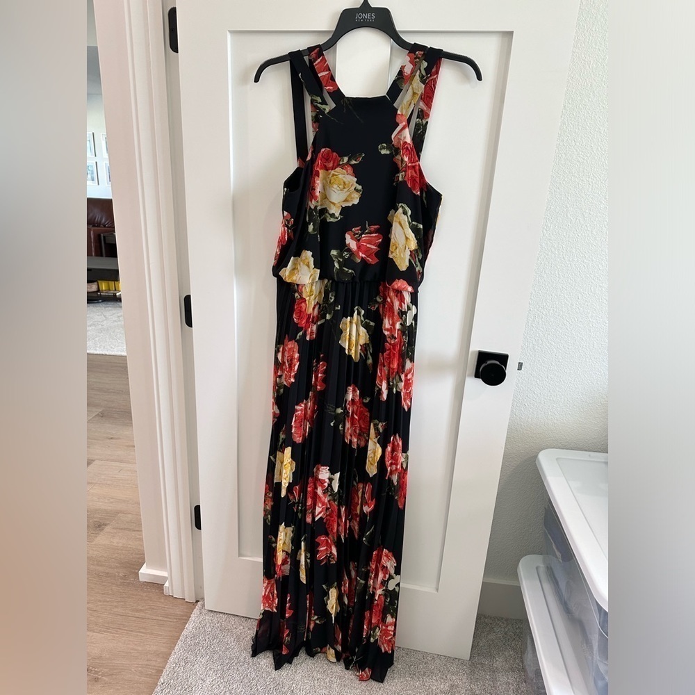 Premier Armour Women's 12 Double Halter Maxi Dress Black Red Rose Print Pleated